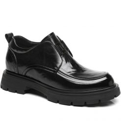 All Black Round Toe Leather Loafer Dress Height Increasing Shoes