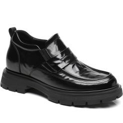 Black Leather Round Toe Penny Loafers Height Increasing Loafers