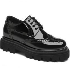 Black Patent Leather Full Brogue Thick Sole Elevator Dress Shoes