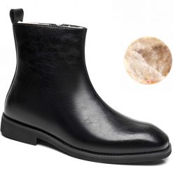 Warm Lined Padded Boots Black Leather Ankle Elevator Boots With Side Zip