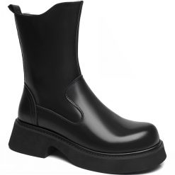 Mens Black Leather Mid Calf Zipper Elevator Boots