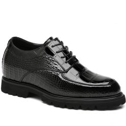 Black Patent Leather Height Enhancing Shoes with Crocodile Pattern