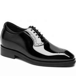 Black Leather Glossy Square Toe Brogue Oxford That add Height
