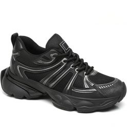 Black Mesh Synthetic Leather Dad Shoes that Increase Height