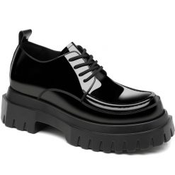 Black Glossy Moc Toe Chunky Platform Shoes With Lifts