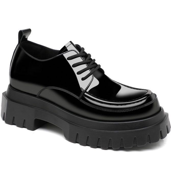Black Glossy Moc Toe Chunky Platform Shoes With Lifts (1)