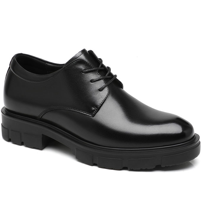 Black Leather Chunky Derby Hidden Height Shoes (1)