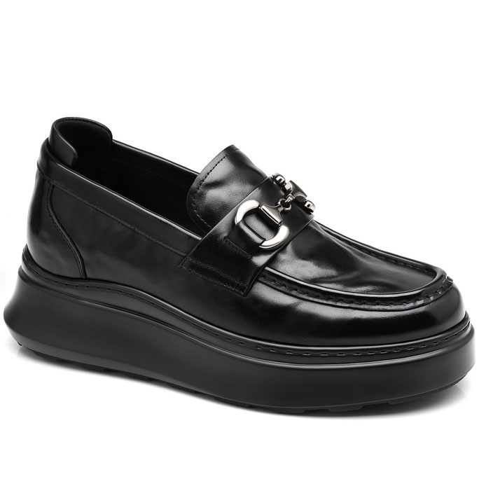Black Leather Horsebit Platform Loafers Height Boosting Dress Shoes (1)